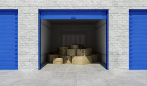Open self storage unit full of cardboard boxes. 3d rendering | hoa revenue
